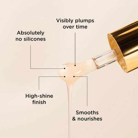 Image show Lip Silk's applicator with dripping product. This product has absolutely no silicones, visibly plumps over time, has a high shine finish and smooths & nourishes.